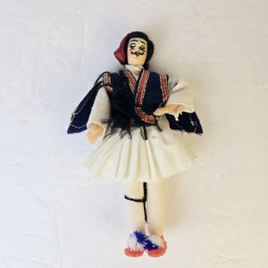 Vintage Souvenir Dolls in Greek Folk European Costume Hand Painted Male Doll in Traditional Costume 1950&#39;s 6.5&quot;
