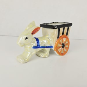 Easter Bunny Rabbit Cart Ceramic Planter Candy Container Made in Japan Vintage Iridescent Hand Painted 5 1/2"
