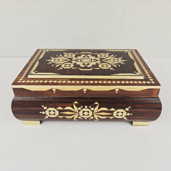Vtg Handmade Straw Inlaid Wooden Trinket Box Geom… - image 1