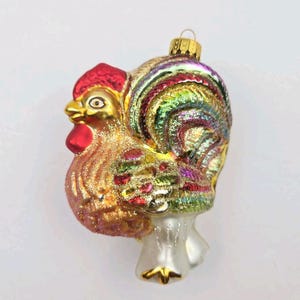 Vintage Glass Christmas Tree Ornament ROOSTER Chicken Bird Multicolor GLITTER 4&quot;