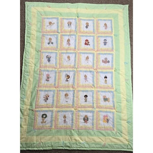 Vintage 90&#39;s Handmade Pastel Precious Moments Embroidered Baby Crib Quilt