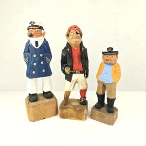 Vintage Wooden Captian Sailor & Peg Leg Pirate Hand Carved Figurines Nautical Design Set Of 3