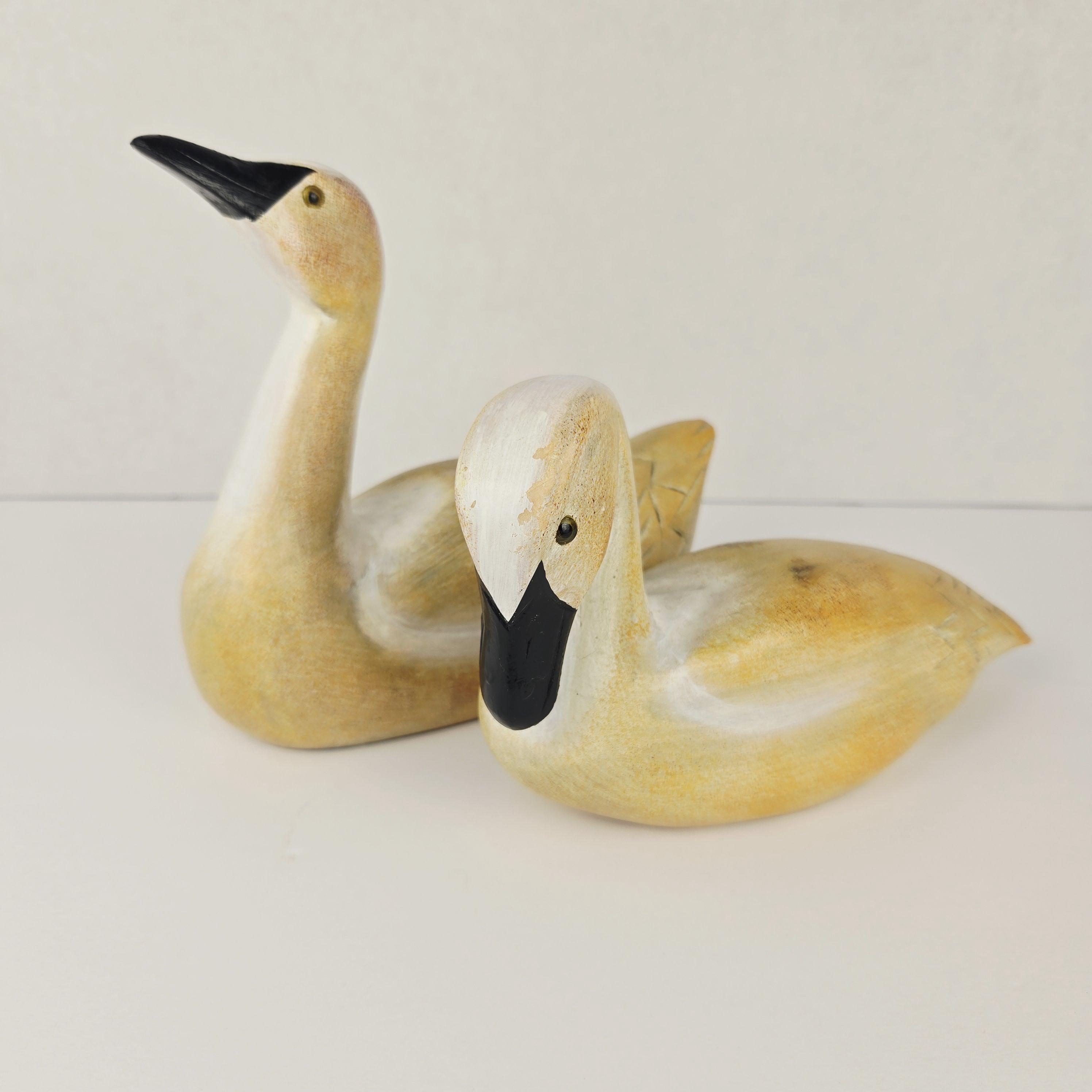 Hand Carved Wood Vintage White Decoy Swans Sculptures Folk Art