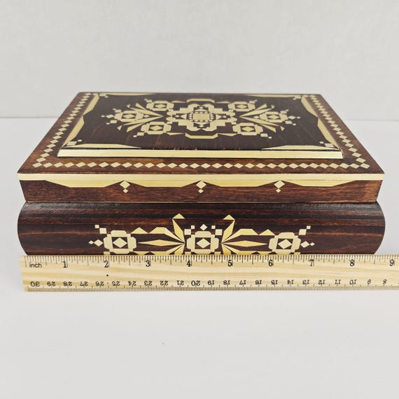 Vtg Handmade Straw Inlaid Wooden Trinket Box Geom… - image 10