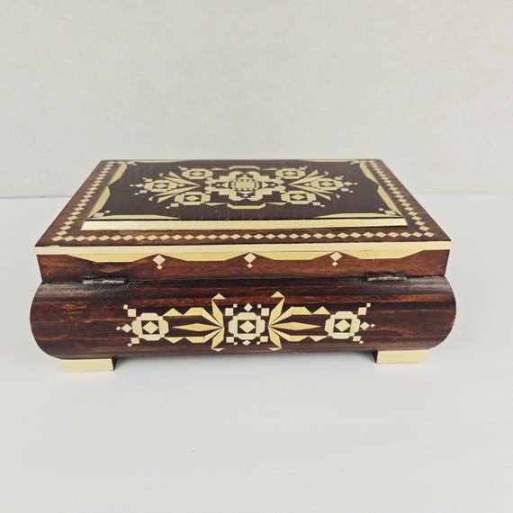 Vtg Handmade Straw Inlaid Wooden Trinket Box Geom… - image 5