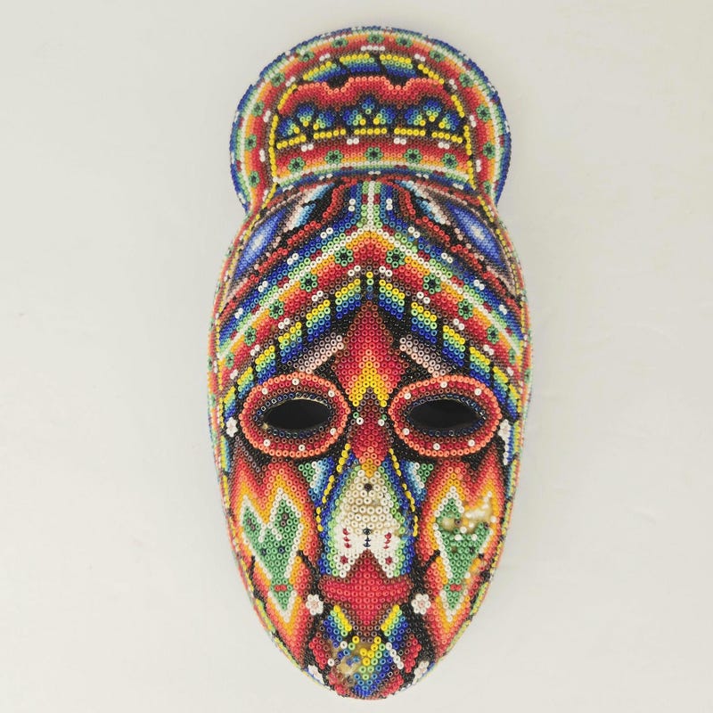 Mexican Huichol Beaded Mask with Eeagle, Snakes & Sacred Symbols