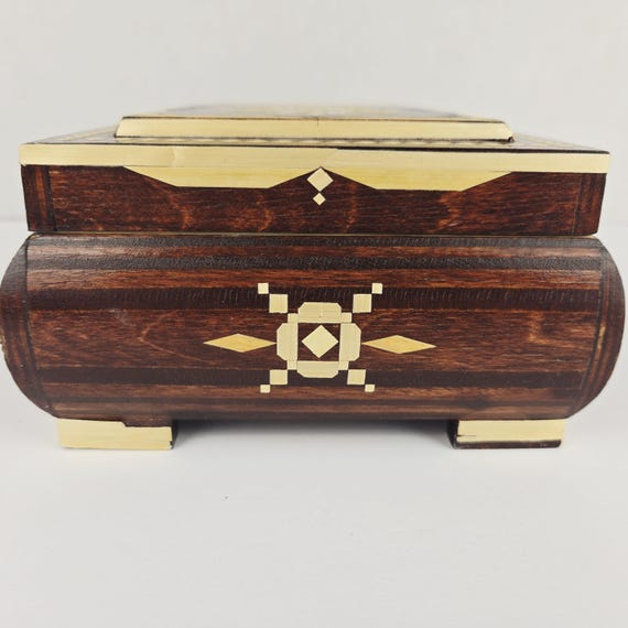 Vtg Handmade Straw Inlaid Wooden Trinket Box Geom… - image 3