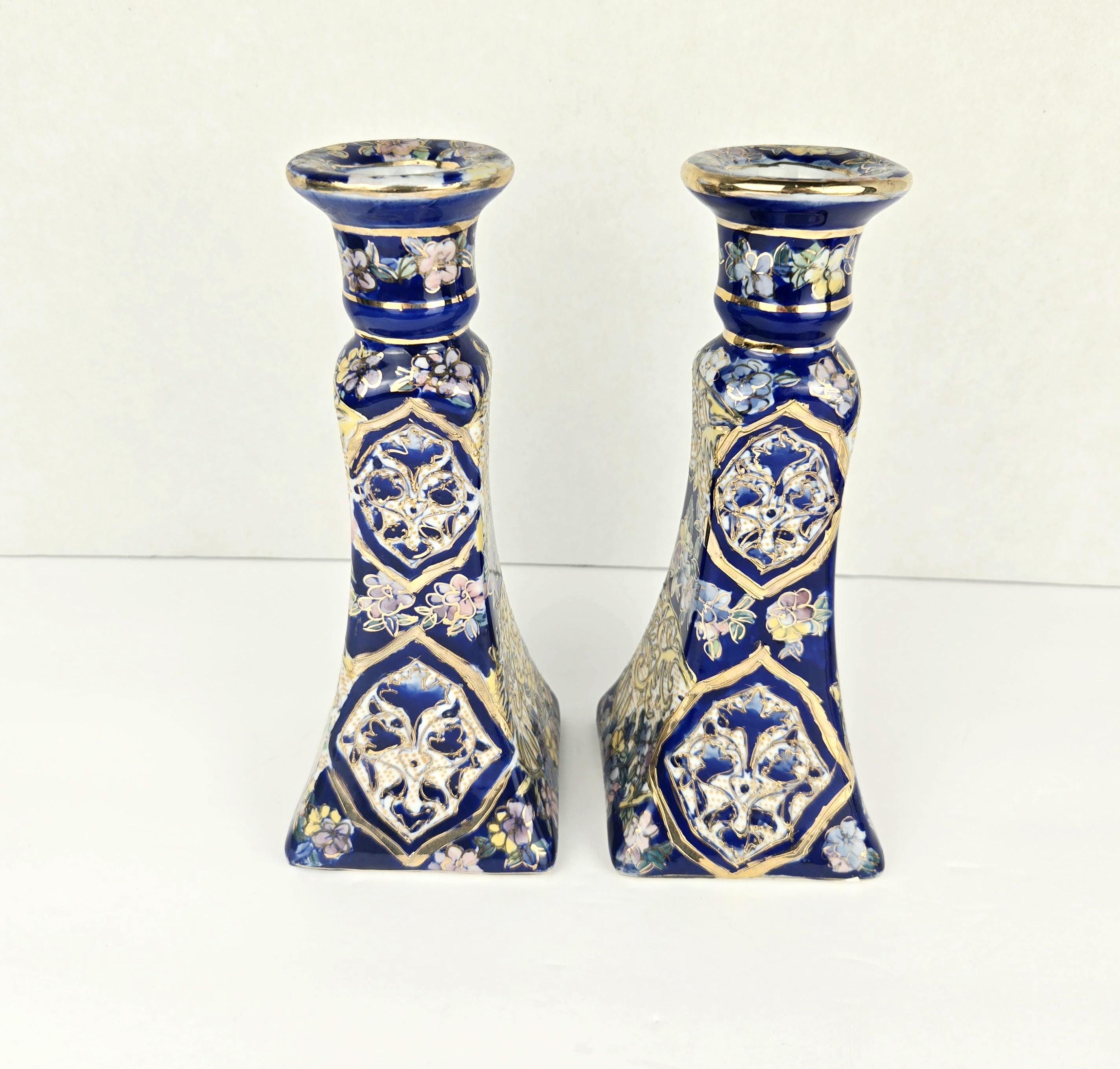 Vintage Asian Hand Painted Cobalt Blue & Gold Candlestick Holders Pastel Flower Set of 2 Matching Pair