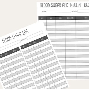 May include: Printable blood sugar and insulin tracker log with alternating colored rows. The printable log includes two pages, one for blood sugar and one for insulin. Both logs include columns for date, time, type, dose, blood sugar level, notes, and month. The text "Both logs included" and "Instant Download" is visible on the image.