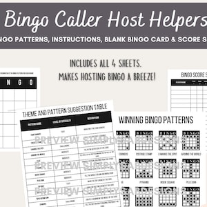 Conjunto de Jogador e Apresentador de Bingo – Padrões de Vitória, Guia do Chamador, Cartão de Pontuação + Cartão de Bingo em Branco – Download Instantâneo