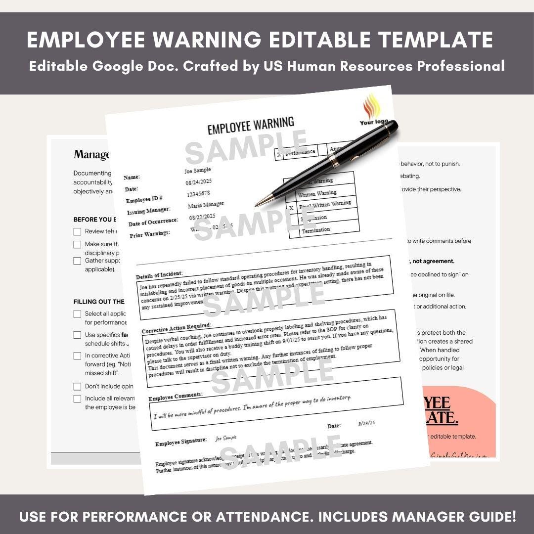 Performance Warning Plan Examples Employee Warning Form US Editable Template + Manager Guide. HR ...
