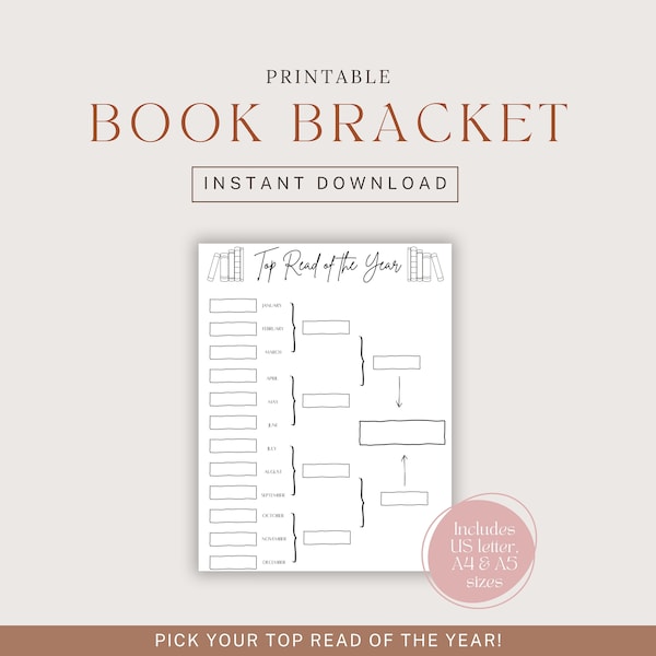 Printable Book Bracket PDF | Top Book of the Year | Reading Journal Printable | US Letter, A4, A5 Sizes | Reading Challenge Tracker
