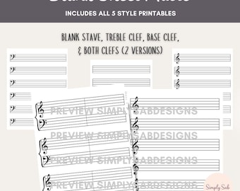 Leeres Notenpaket zum selbst ausdrucken | Blanko-Notizenpapier PDF | Diskant, Bass & Grand Staff ""Letter a4""."