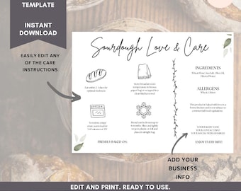 Bearbeitbare Sauerteig Pflegeanleitungskarte 4x6 Canva Vollständig bearbeitbare Vorlage zum Ausdrucken für handwerkliches Brot für kleine Unternehmen