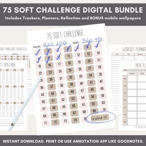 Puede incluir: Un planificador digital imprimible para un desafío de 75 días. El planificador incluye un calendario con casillas de verificación para cada día, un planificador de entrenamiento y un planificador de comidas. El calendario está etiquetado como "75 Soft Challenge" con la fecha de inicio "April 20th" y la fecha de finalización "July 4th".