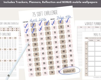 75 Soft Challenge Digitale Bundle Vorlage Tracker Printable Workout Mahlzeit Planer Abnehm Journal