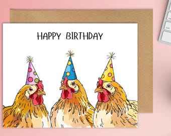 Chicken Lover Birthday Greeting Card | Thinking of You Card | Blank Cards | Cute Card | Thank You Card | Hens wearing Party Hats | Animals