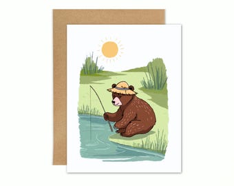 Bear Fishing Greeting Card | Father's Day Card | Blank Cards | Cute Card | Thank You Card | Nature Card | Animal Lover