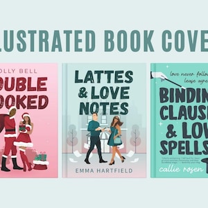 May include: Illustrated book covers with titles: "Double Booked", "Lattes & Love Notes", and "Binding Clauses & Love Spells". The first cover features a couple in Santa outfits. The second shows a couple walking. The third has a rabbit in a hat.