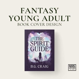 May include: A book cover design titled The Spirit Guide by B.G. Craig. The cover features a dark purple background with a central glowing, geometric crystal-like frame. A silhouette of a person and a wolf stands in the center of the light.