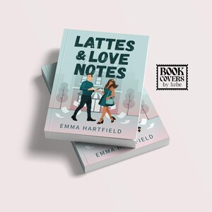 May include: Two paperback books stacked on a light pink surface. The top book cover reads "Lattes & Love Notes" with an illustration of a couple. The author's name, Emma Hartfield, is below the title. A stamp reads "Book Covers by lizbe".
