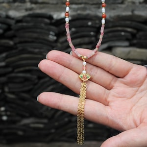 Red Jasper Tassel Necklace: Boho Pearl & Carnelian Pendant