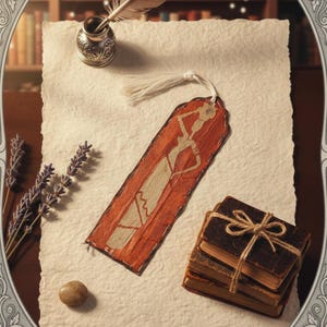 May include: A decorative bookmark featuring a red background and a white illustration of a woman. The bookmark rests on textured paper, accompanied by a stack of old books bound with twine, lavender sprigs, and an inkwell with a feather.