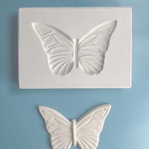 May include: Two white ceramic butterfly molds. The larger mold is rectangular and the smaller mold is shaped like a butterfly.