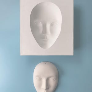 May include: A white plaster mold of a face, and a white plaster face mask.