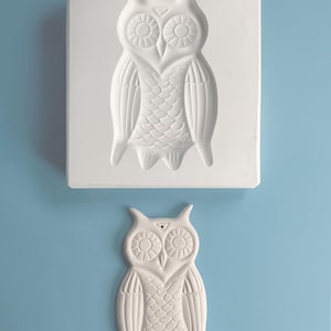 Pode incluir: Um molde de coruja de cerâmica branca e um ornamento de coruja acabado. A coruja tem um design detalhado com olhos grandes e um corpo texturizado.