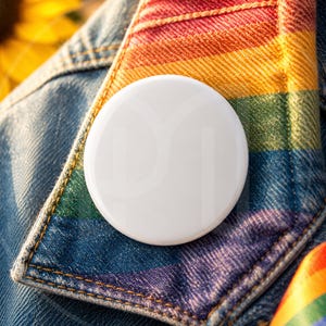 Op de afbeelding: Een witte, ronde knoopspeld ligt op een spijkerjasje met een regenboogkleurige kraag. Het regenboogontwerp heeft strepen in rood, oranje, geel, groen, blauw en paars. De jas is gemaakt van blauwe denim.
