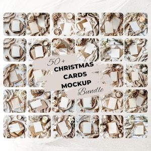 Peut inclure: Plusieurs maquettes présentent des cartes vierges, des enveloppes et des éléments décoratifs tels que des bougies et des ornements. Le texte superposé indique "50+ Christmas Cards Mockup Bundle."