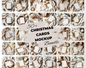 May include: A collection of mockups featuring blank cards, envelopes, and decorative elements like candles and ornaments. The text overlay reads "50+ Christmas Cards Mockup Bundle."