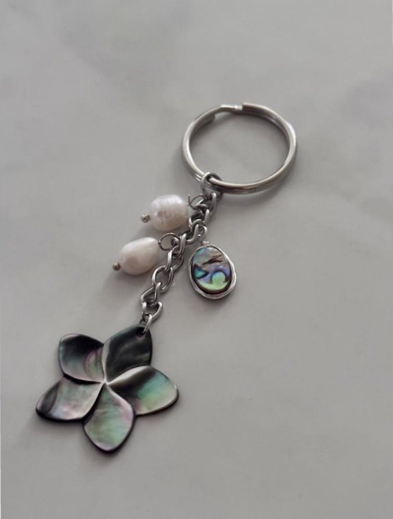 Beach Keychain: Freshwater Pearls, Abalone Flower Charm - Etsy