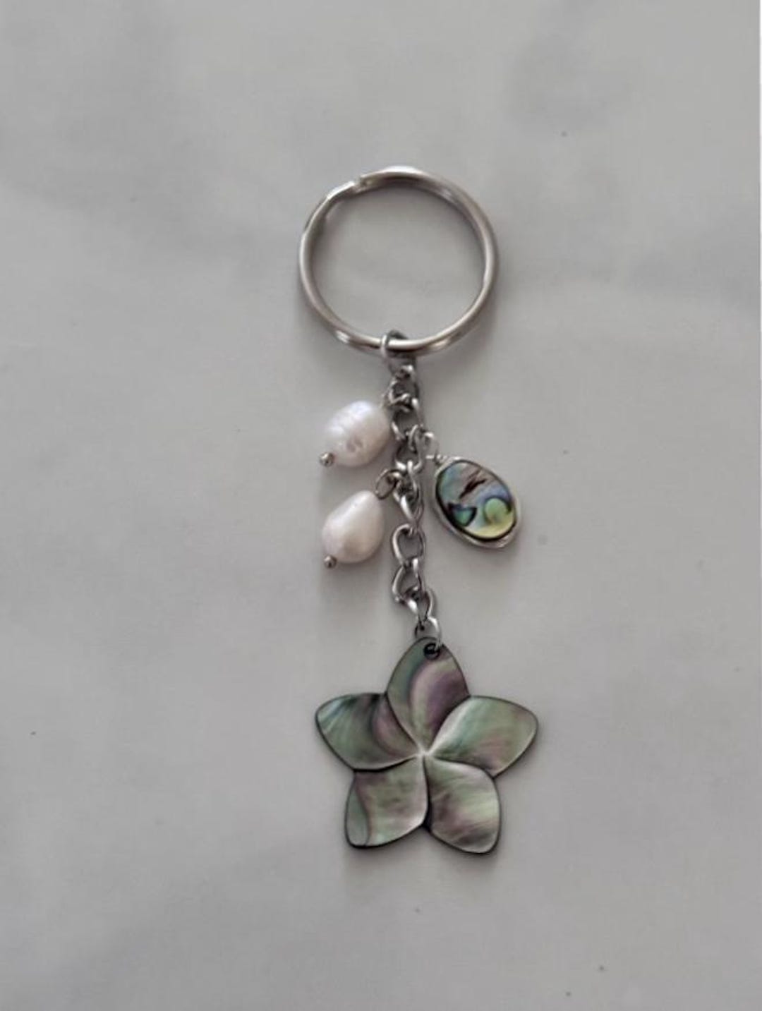 Beach Keychain: Freshwater Pearls, Abalone Flower Charm - Etsy