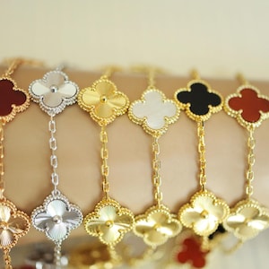 Guilloche 5 clover bracelet, Gold Four leaf clover 18k gold plated silver, 15mm Five clover bracelet, clover jewelry