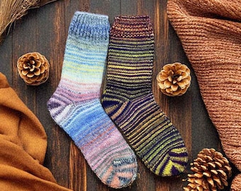 Handmade Wool Socks - Cosy Rainbow Socks , Knitted Winter Socks, Colourful & Warm, Christmas Gift