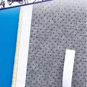 Może przedstawiać: Zbliżenie szarej, perforowanej tkaniny z białymi zapięciami na rzepy. Tekst "HOOK AND LOOP FASTENERS" jest wyświetlany nad tkaniną, wraz z ilustracją kota z kresk&oacute;wek.