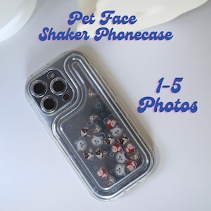 May include: Transparent phone case with a liquid shaker design. The case has a variety of pet faces and mushroom designs. The text "Pet Face Shaker Phonecase" and "1-5 Photos" are displayed in blue script.