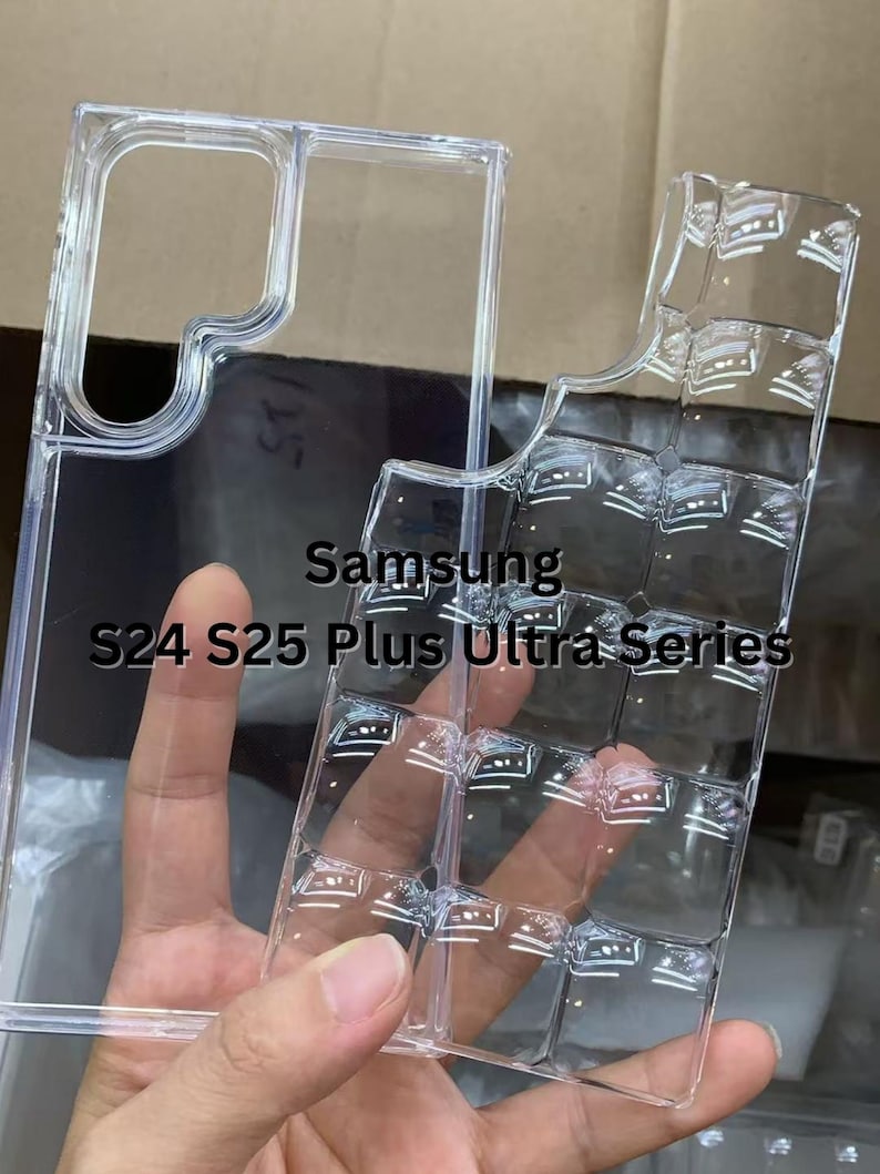 May include: Clear, transparent phone case for Samsung S24, S25 Plus, and Ultra Series models. The case is made of a clear material and features a grid-like design on the back. The case is held by a hand.