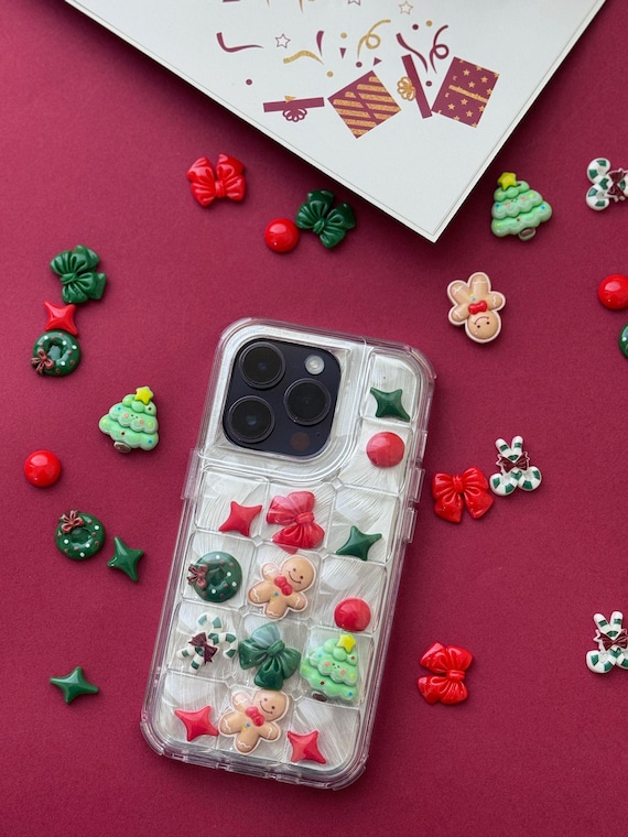 Christmas Resins Shaker Phonecase, Cute 3D Bubble Case, Festive Xmas Charms, Clear Samsung S24 S25 iPhone Series, Pokopoko Kawaii Case