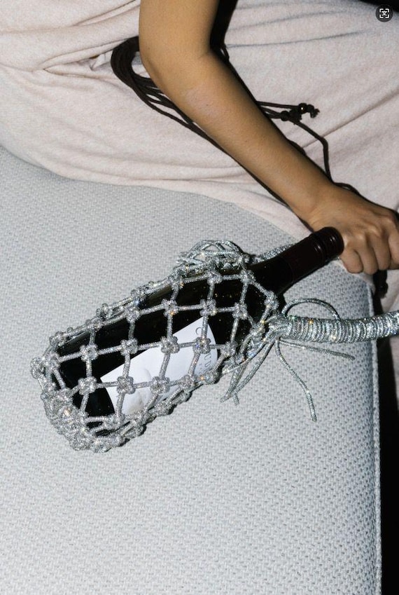 Crochet Shimmery Bottle Bag | Handmade Champagne Tote for Women | Teacher’s Day Gift/ Wine Lover | Boho Resin Handle Carrier/ Holder