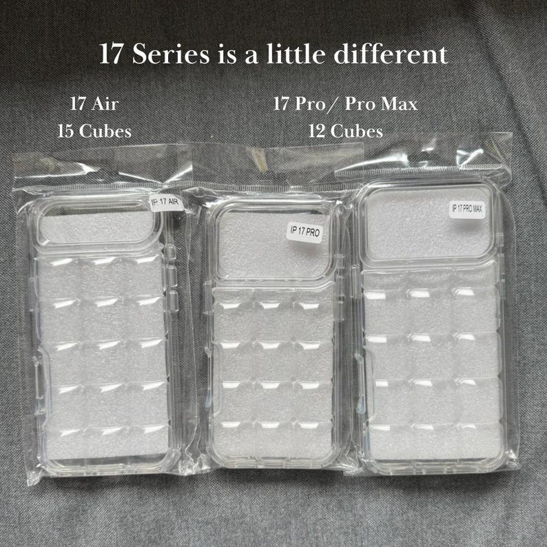 May include: Clear plastic phone cases in sealed packaging. The cases are labeled for the 17 Air, 17 Pro, and 17 Pro Max series, with text indicating the number of cubes. The text "17 Series is a little different" is at the top.