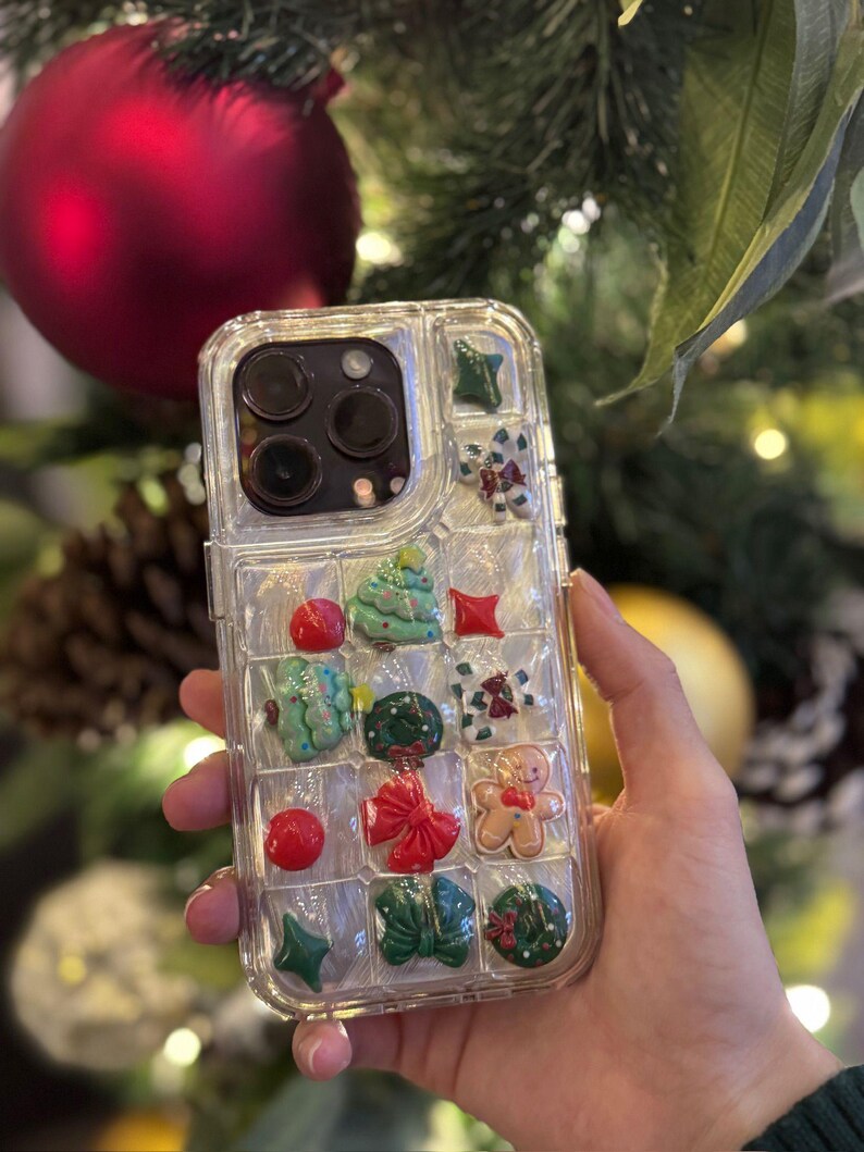 Christmas Resins Shaker Phonecase, Cute 3D Bubble Case, Festive Xmas Charms, Clear Samsung S24 S25 iPhone Series, Pokopoko Kawaii Case image 7
