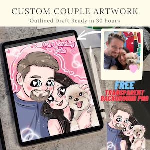 Custom Couple Portrait - Chibi Cartoon Anime Caricature - Valentine's Day Gift - Galentine's Day - Personalized Illustrated Portrait