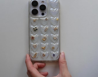 Funda personalizada con forma de corazón 3D Shaker, Pokopoko chapada en oro de 18 quilates con dijes, transparente para iPhone 17, 16, 15, 14 y 13 Air Plus, Pro Max