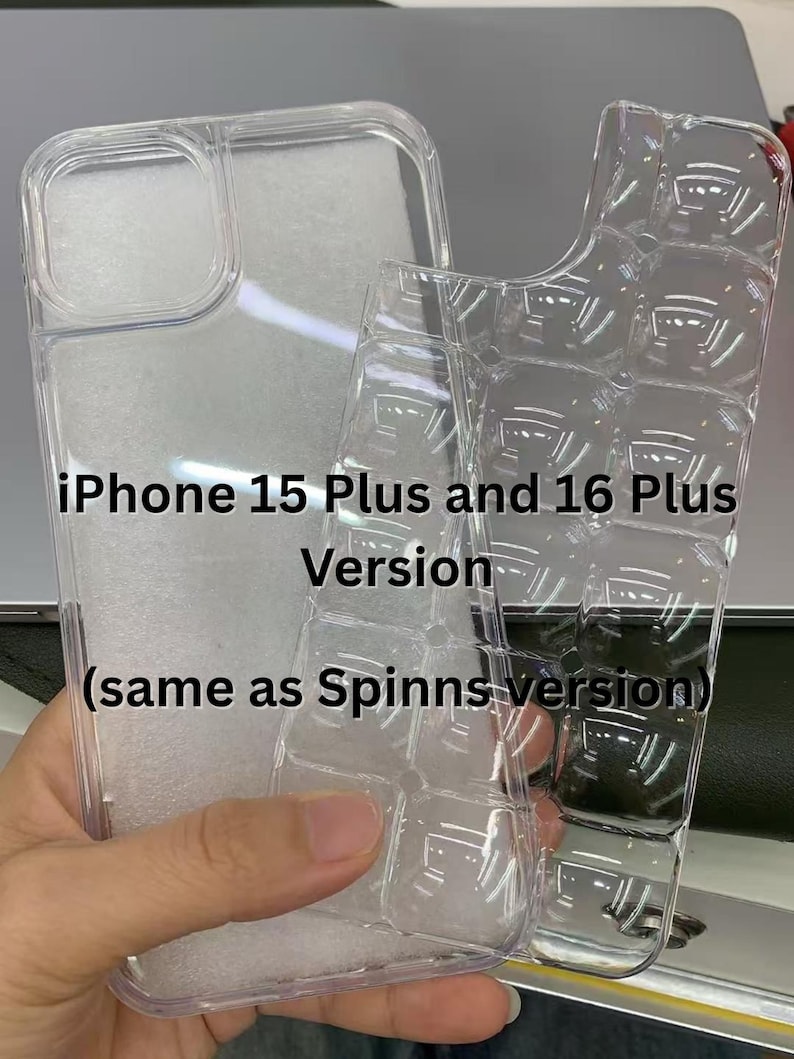 May include: Clear, transparent phone cases for iPhone 15 Plus and 16 Plus versions. The cases are made of a flexible material and have a protective design. The text on the image reads "iPhone 15 Plus and 16 Plus Version (same as Spinns version)".