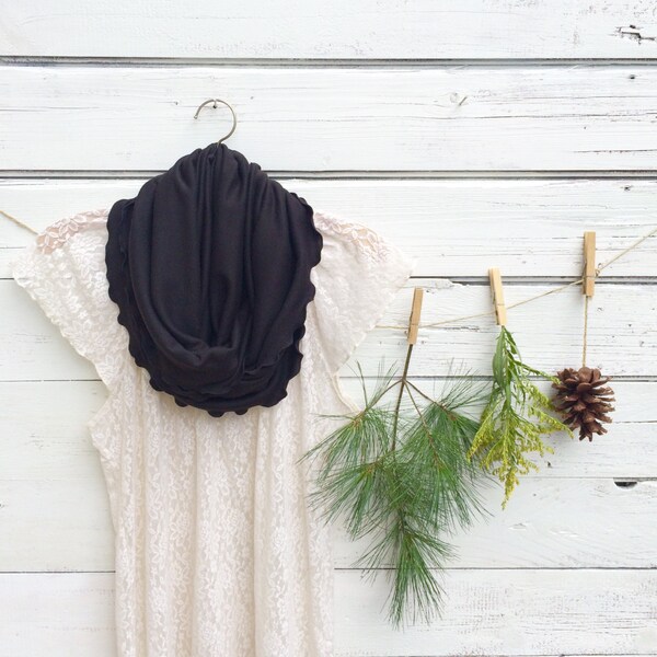 Black Scarf, Gift for her, Black Infinity Scarf, Ruffled Scarf, Circle Scarf, Winter Scarf, Cowl, Women Scarves, Jersey Scarf