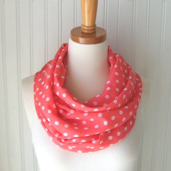 Polka Dot Sheer Infinity Scarf  in Coral and White - Chiffon Sheer Cowl, Circle Scarf, Loop Scarf - New Spring and Summer Fashion