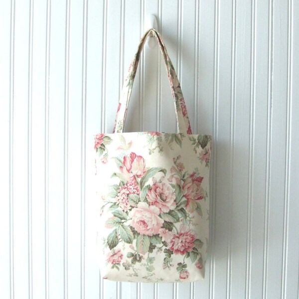 Buttercream Roses Tote Bag - Spring Floral Book Bag, Shabby Chic Summer Carry All Floral Totebag